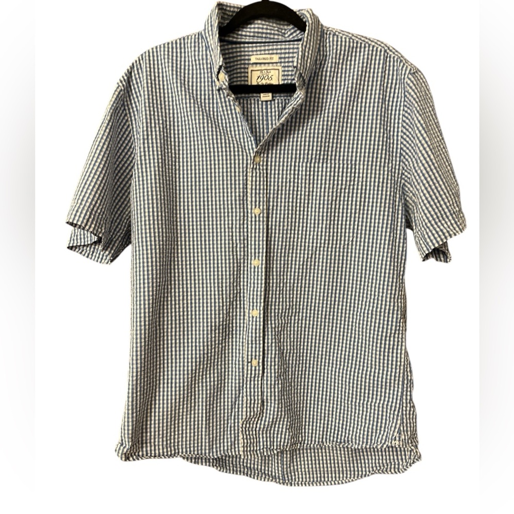 Jos A Bank blue and white gingham button up shirt